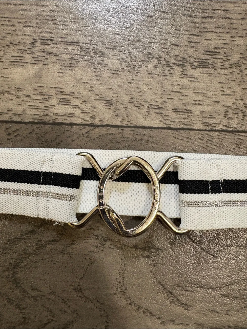 Bebe Elastic Stripe Waist Belt with Silver Ring Buckle - White Black Silver